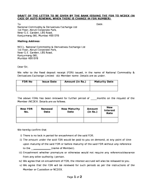 DRAFT OF THE LETTER TO BE GIVEN BY THE BANK ISSUING THE FDR TO NCDEX (IN CASE OF AUTO RENEWAL WHEN THERE IS CHANGE IN FDR NUMBER)