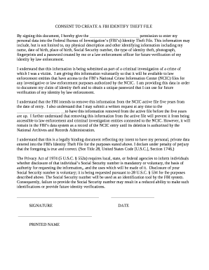 CONSENT TO CREATE A FBI IDENTIFY THEFT FILE