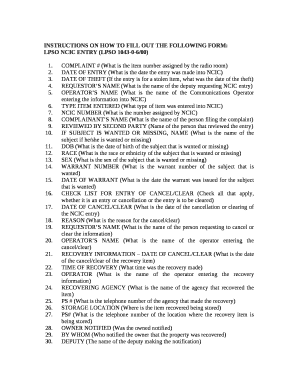 LPSO NCIC ENTRY (LPSO 1043-0-6/00)