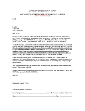 SAMPLE LETTER OF OFFER-OTHER MONTHLY (TEMP) POSITIONS
