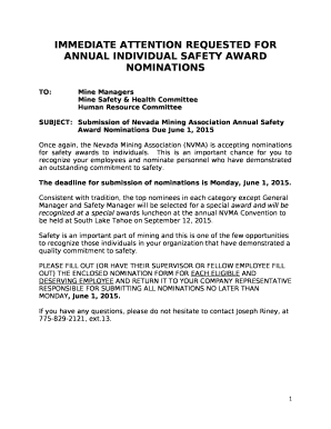 IMMEDIATE ATTENTION REQUESTED FOR ANNUAL INDIVIDUAL SAFETY AWARD NOMINATIONS