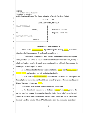 The Plaintiff,,by and through her attorney, , as and for a Complaint for Divorce against Defendant alleges as follows: