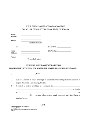 FOR SUMMARY EVICTION FOR WASTE, UNLAWFUL BUSINESS OR NUISANCE