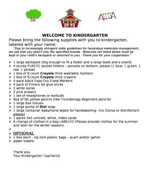 Please bring the following supplies with you to kindergarten, labeled with your name: