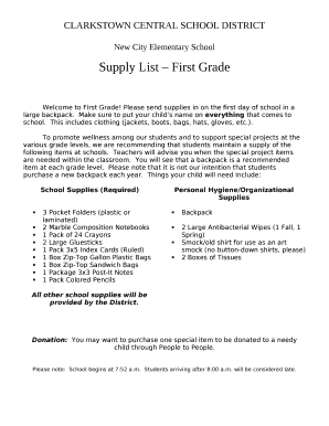 Supply List First Grade