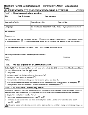 Waltham Forest Social Services Community Alarm - application form