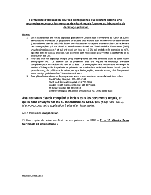 Formulaire dapplication pour les sonographes qui dsirent obtenir une reconnaissance pour les mesures de clart nucale fournies au laboratoire de dpistage prnatal