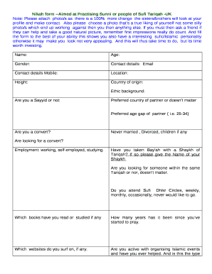 Nikah form --Aimed at Practising Sunni or people of Sufi Tariqah -UK
