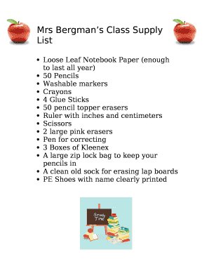 Mrs Bergmans Class Supply List