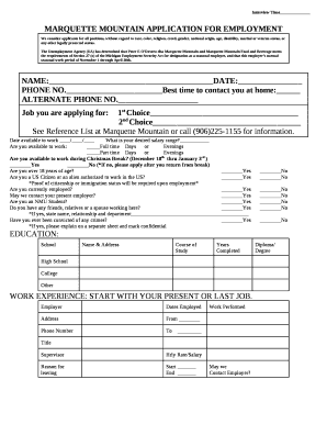 MARQUETTE MOUNTAIN APPLICATION FOR EMPLOYMENT