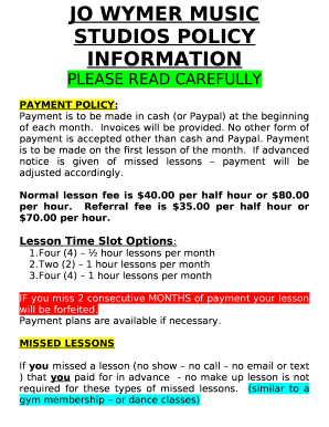 JO WYMER MUSIC STUDIOS POLICY INFORMATION