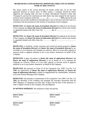 BOARD RESOLUTION REMOVING/APPOINTING DIRECTOS OF INSERT NAME OF DIFC ENTITY