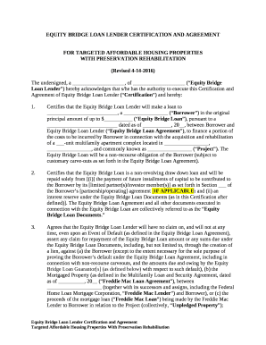 EQUITY BRIDGE LOAN LENDER CERTIFICATION AND AGREEMENT