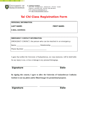 Tai Chi Class Registration Form
