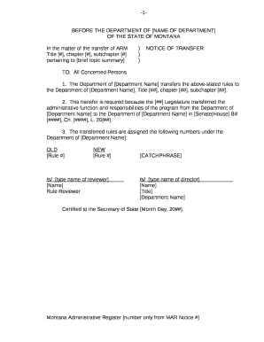 In the matter of the transfer of ARM Title #, chapter #, subchapter # pertaining to brief topic summary