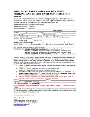 WHALE COTTAGE CAMPS BAY BAY SUITE BOOKING AND CREDIT CARD AUTHORISATION FORM
