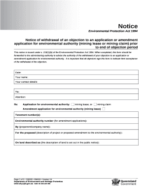 Notice of withdrawal of an objection to an application or amendment application for environmental authority (mining lease or mining claim) prior to end of objection period