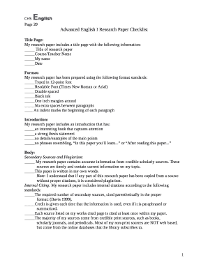 Advanced English I Research Paper Checklist
