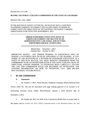102 FILED BY NUCLA-NATURITA TELEPHONE COMPANY TO CORRECT THE ACCESS TARIFF IN ORDER TO COMPLYWITH THE DIRECTIVES OF THE NATIONAL EXCHANGE CARRIERS ASSOCIATION TO BE EFFECTIVE NOVEMBER 5, 2012