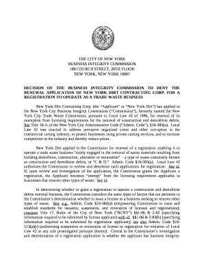 DECISION OF THE BUSINESS INTEGRITY COMMISSION TO DENY THE RENEWAL APPLICATION OF NEW YORK DIRT CONTRACTING CORP