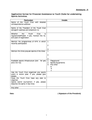 Application format for Financial Assistance to Youth Clubs for undertaking Sports Activities