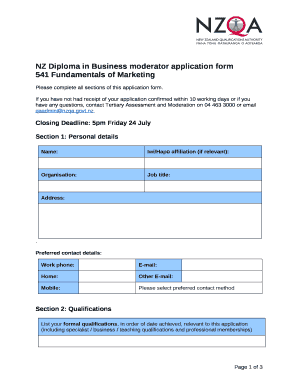 NZ Diploma in Business moderator application Doc Template | pdfFiller