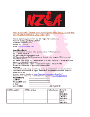 69thAnnual NZ Chinese Association Sports and Cultural Tournament 2017 Badminton Parent Child Entry Form