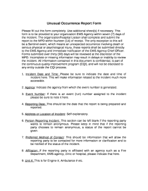 Unusual Occurrence Report Form