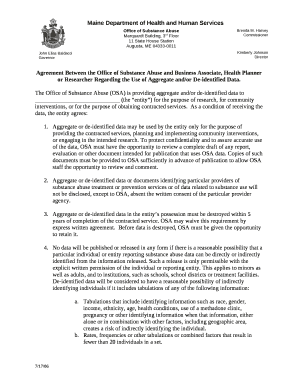 Agreement Between the Office of Substance Abuse and Business Associate, Health Planner or Researcher Regarding the Use of Aggregate and/or De-identified Data