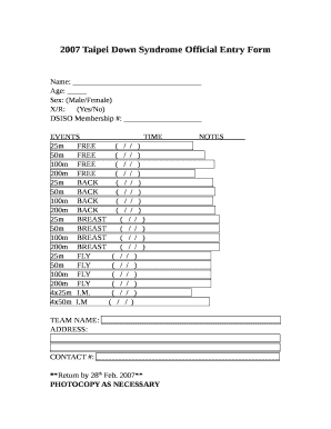2007 Taipei Down Syndrome Official Entry Form