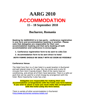Booking for AARG2010 is in two parts conference registration in one form and accommodation booking in another