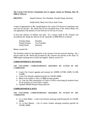 The Lorain Civil Service Commission met in regular session on Monday, May 18, 2009 at 5:00 p