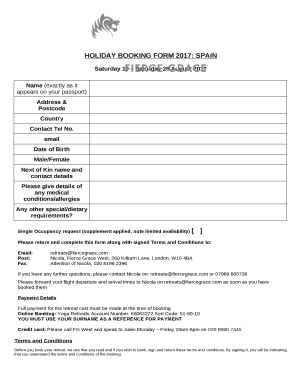HOLIDAY BOOKING FORM 2017: SPAIN