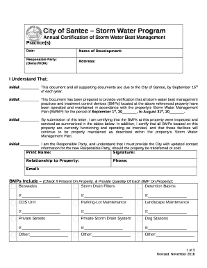 Annual Certification of Storm Water Best Management Practice(s)