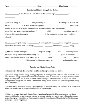 Potential and Kinetic Energy Notes Review