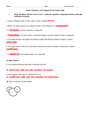 Atoms, Elements, and Compound Test Study Guide