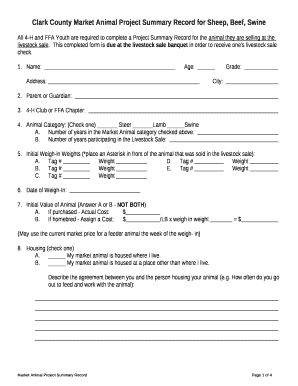 Clark County Market Animal Project Summary Record for Sheep, Beef, Swine