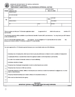 TEMPORARY ASSISTANCE (TA) DIVERSION APPROVAL NOTICE