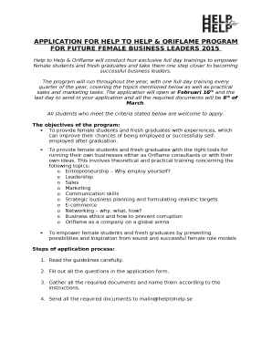 APPLICATION FOR HELP TO HELP & ORIFLAME PROGRAM FOR FUTURE FEMALE BUSINESS LEADERS 2015