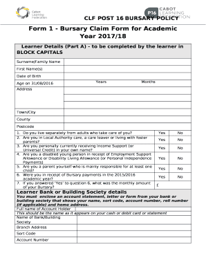 Form 1 - Bursary Claim Form for Academic Year 2017/18