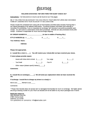 SOLUDOS EXCHANGE / RETURN FORM FOR GUEST CHECK OUT