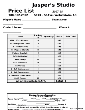 Jaspers Studio Price List2017-18