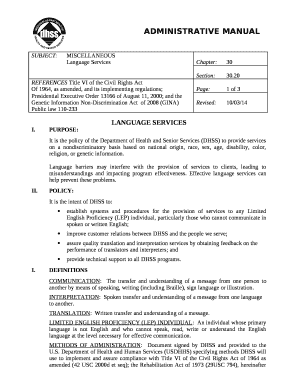 It is the policy of the Department of Health and Senior Services (DHSS) to provide services on a nondiscriminatory basis based on national origin, race, sex, age, disability, color, religion, or genetic information