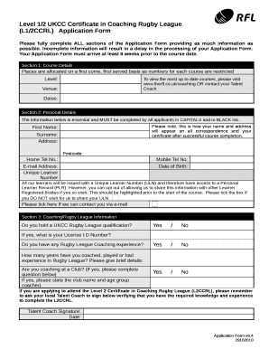 Level 1/2 UKCC Certificate in Coaching Rugby League (L1/2CCRL)Application Form