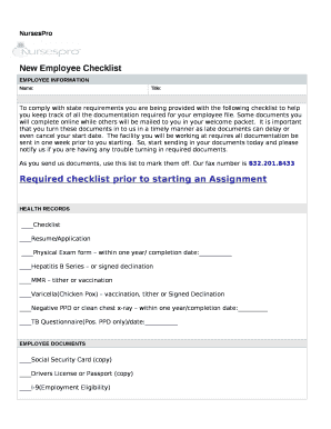 To comply with state requirements you are being provided with the following checklist to help you keep track of all the documentation required for your employee file