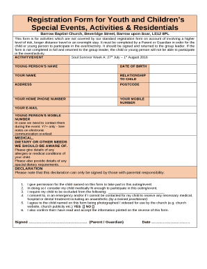 Registration Form for Youth and Childrens Special Events, Activities & Residentials