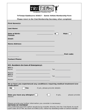 TriTempo Eastbourne 2016/17 -Senior Athlete Membership Form