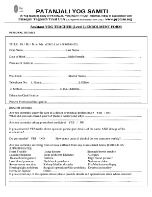 Assistant YOG TEACHER (Level I) ENROLMENT FORM