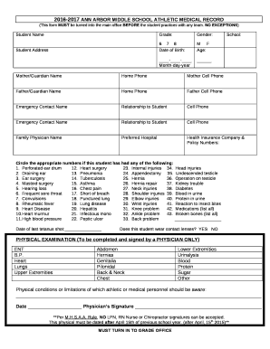 2016-2017 ANN ARBOR MIDDLE SCHOOL ATHLETIC MEDICAL RECORD