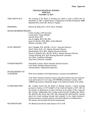 On November 15, 2011 in Board Room 2, Department of Health Professions, 9960 Mayland Drive, Suite 201, Henrico, Virginia template